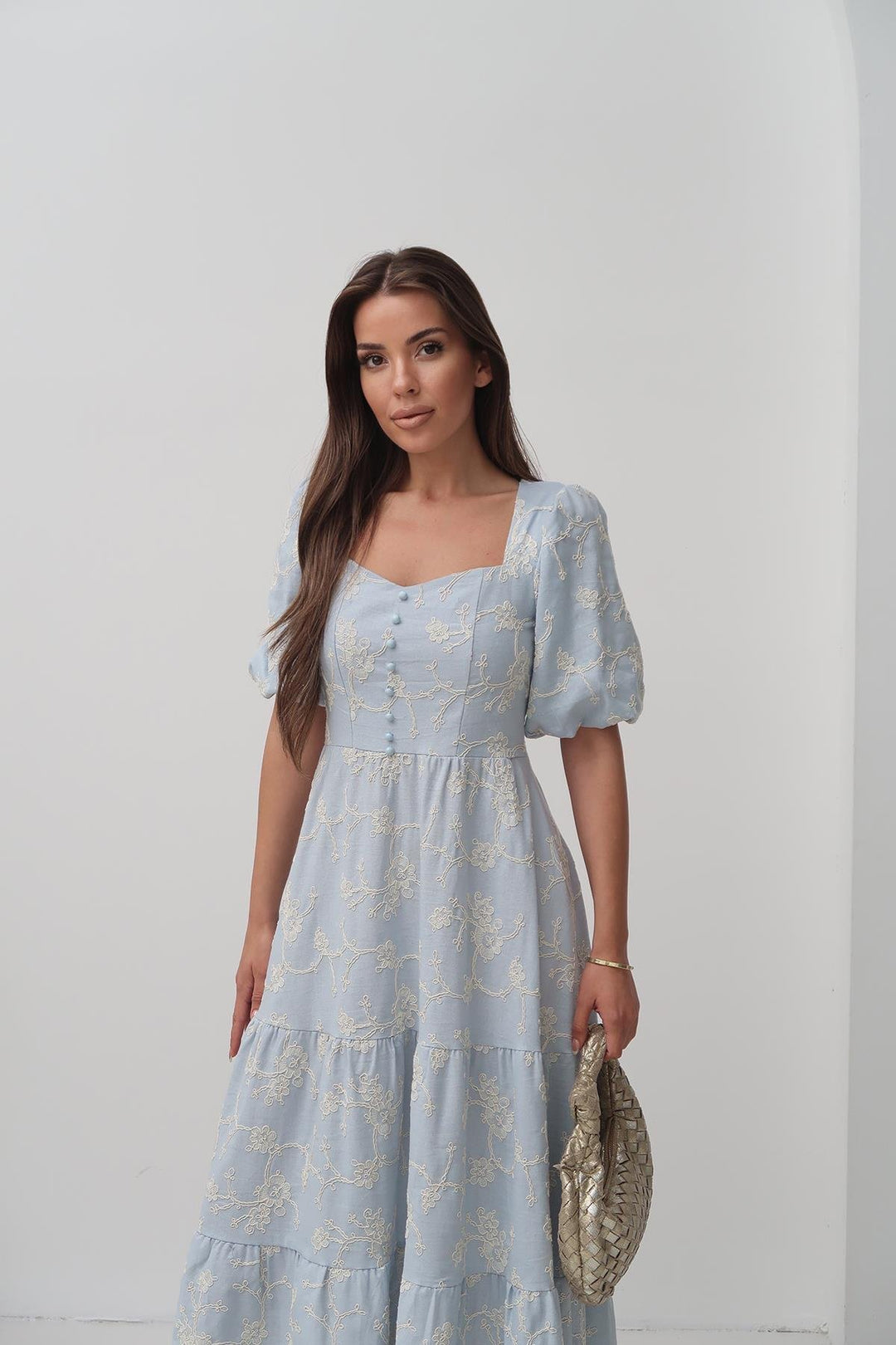 ELS Wholesale Baby Blue Decorated Buttoned Balloon Sleeve Dress - Trani