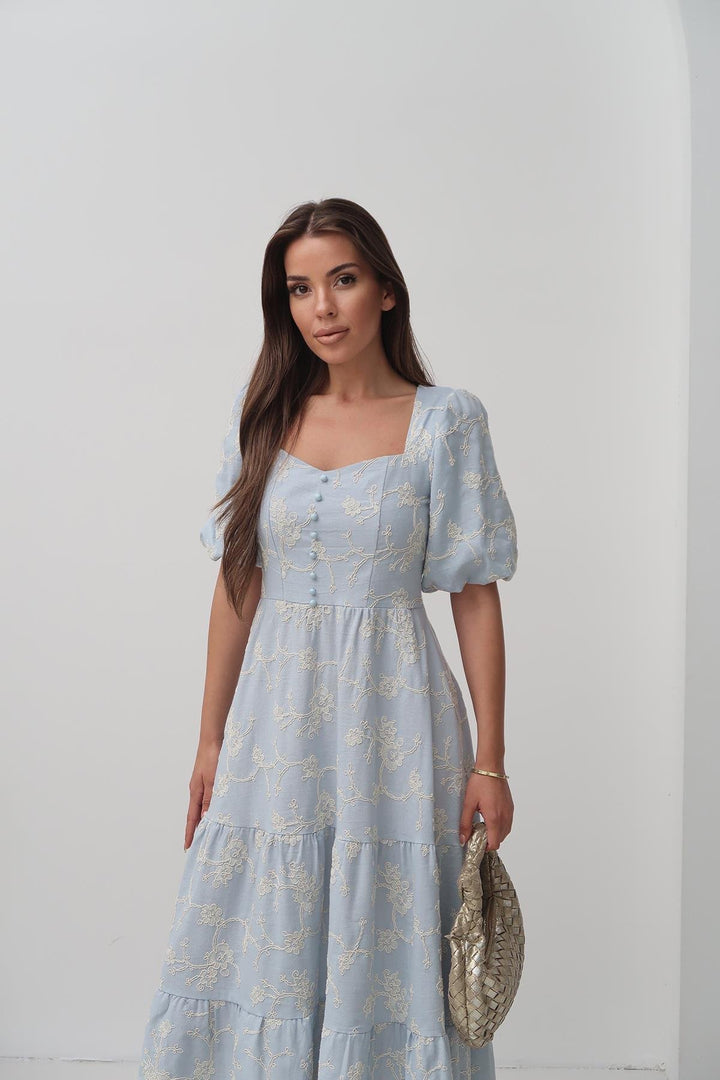 ELS Wholesale Baby Blue Decorated Buttoned Balloon Sleeve Dress - Trani