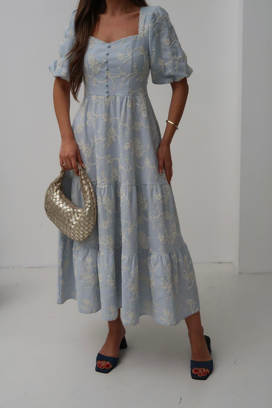 ELS Wholesale Baby Blue Decorated Buttoned Balloon Sleeve Dress - Trani