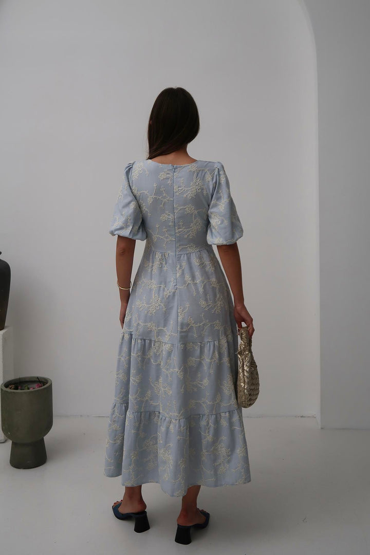 ELS Wholesale Baby Blue Decorated Buttoned Balloon Sleeve Dress - Trani