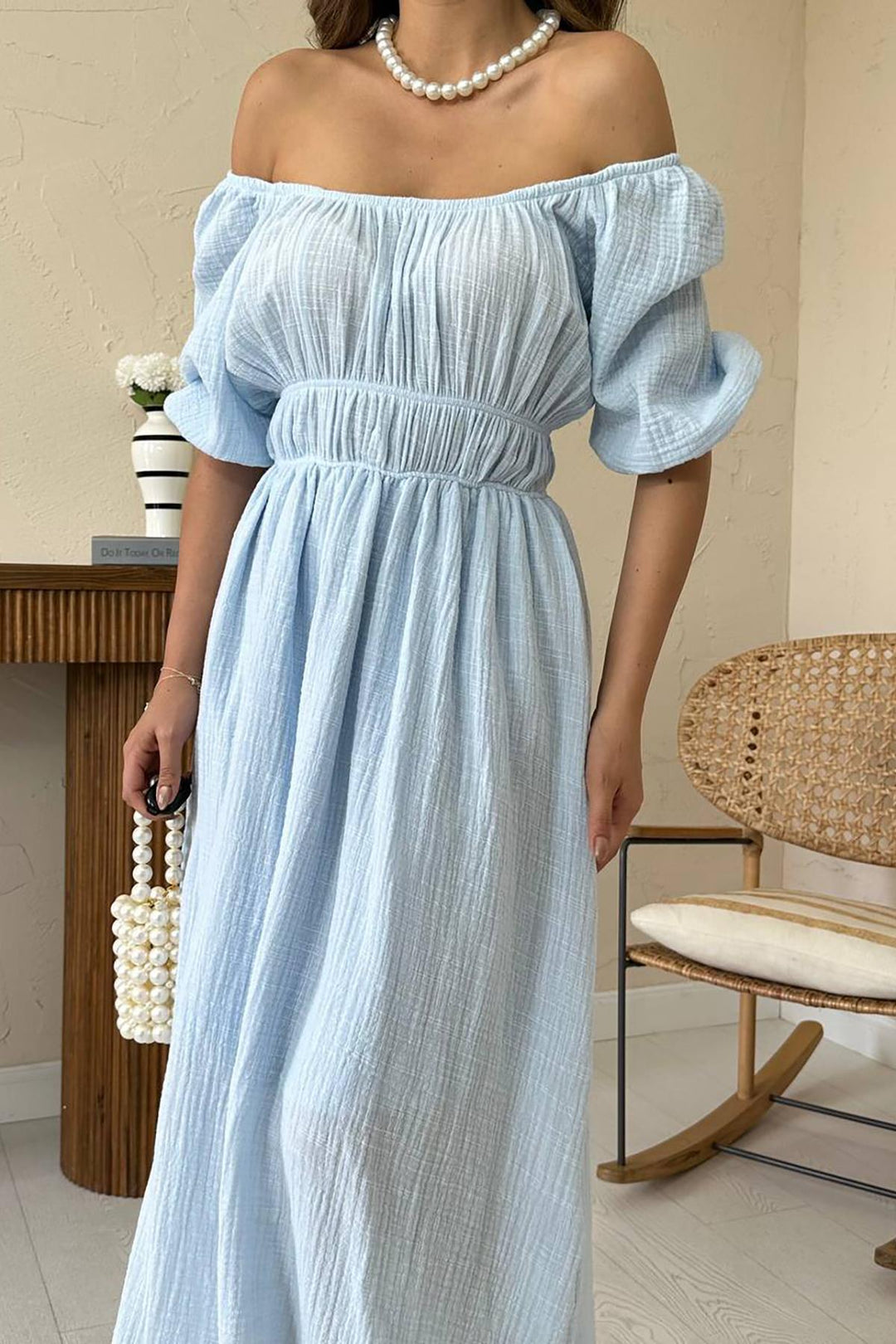 ELS Toptan Bebe Mavi Yakası Büzgülü Müslin Keten Elbise - Rincón de la Victoria