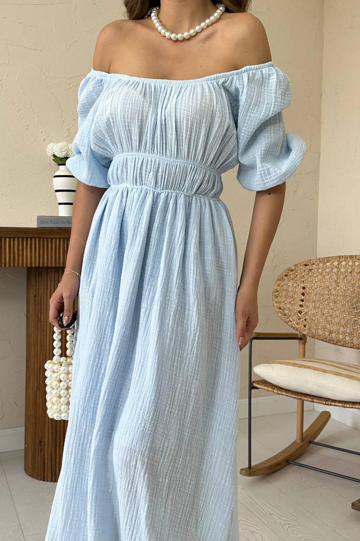 ELS Toptan Bebe Mavi Yakası Büzgülü Müslin Keten Elbise - Rincón de la Victoria