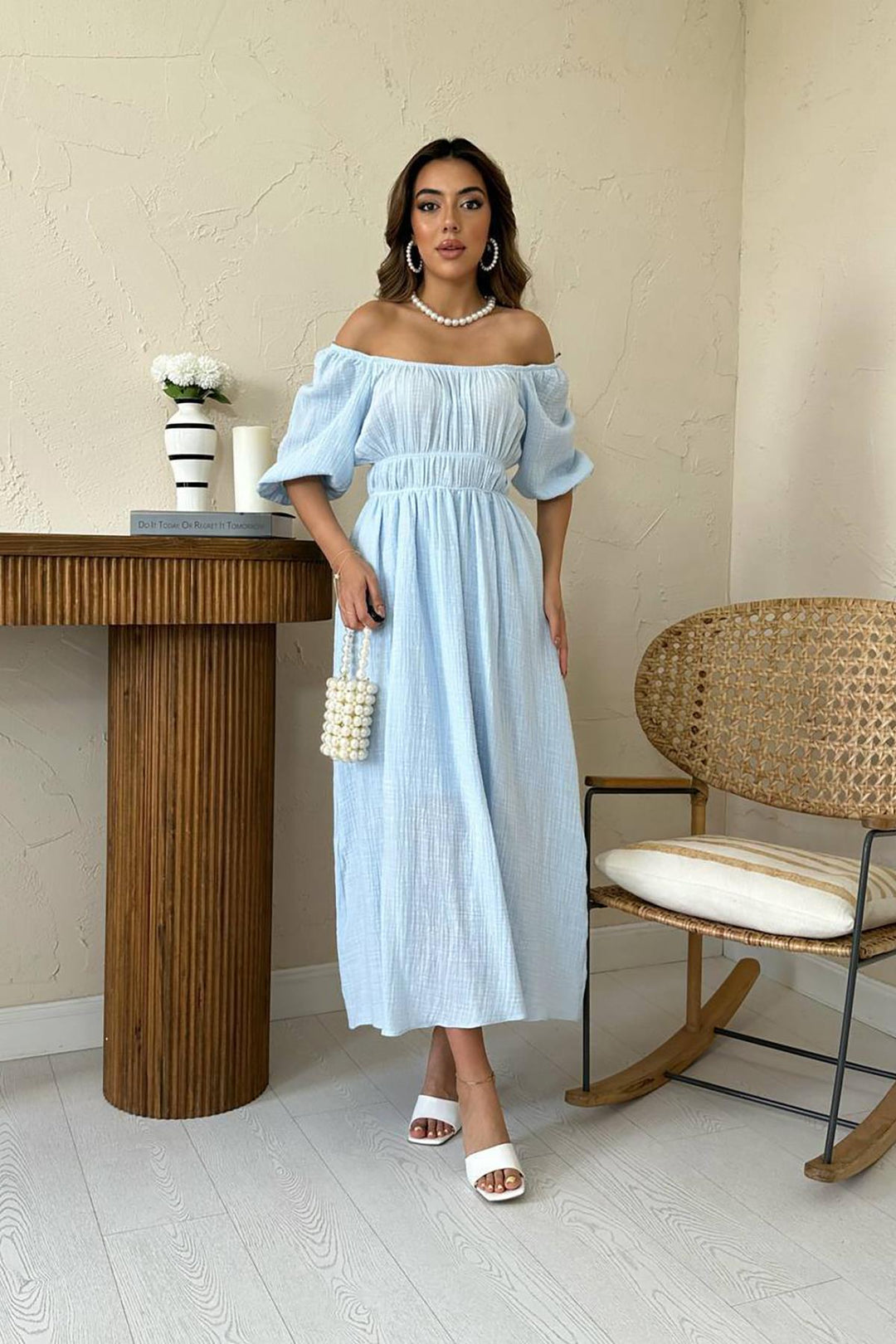 ELS Toptan Bebe Mavi Yakası Büzgülü Müslin Keten Elbise - Rincón de la Victoria