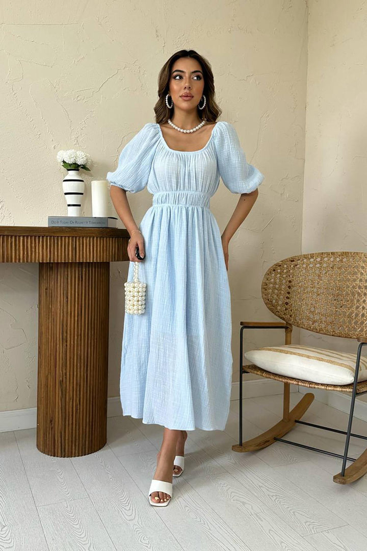 ELS Toptan Bebe Mavi Yakası Büzgülü Müslin Keten Elbise - Rincón de la Victoria