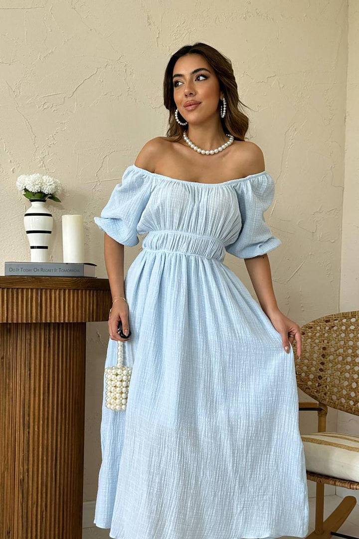 ELS Toptan Bebe Mavi Yakası Büzgülü Müslin Keten Elbise - Rincón de la Victoria