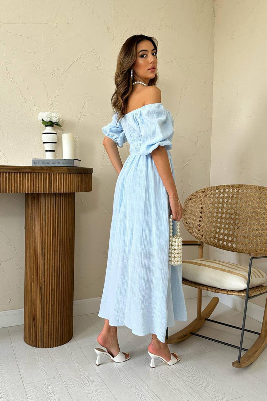 ELS Toptan Bebe Mavi Yakası Büzgülü Müslin Keten Elbise - Rincón de la Victoria