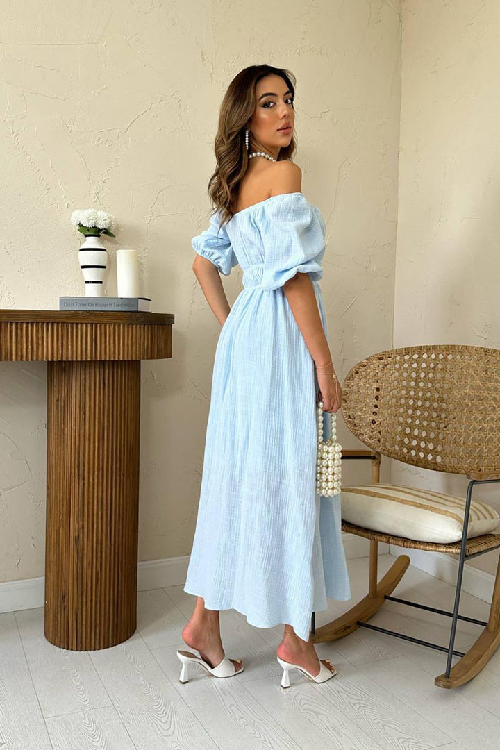 ELS Toptan Bebe Mavi Yakası Büzgülü Müslin Keten Elbise - Rincón de la Victoria