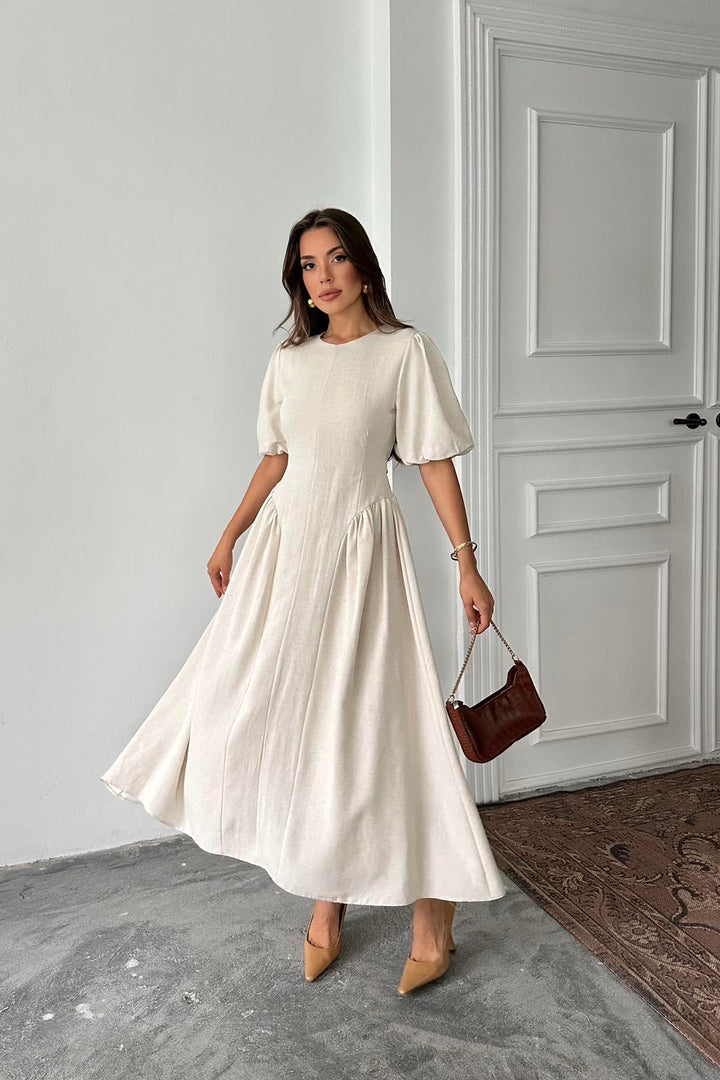 ELS Toptan Bej Arkadan Bağlamalı Büzgülü Keten Elbise - Alexandroúpoli