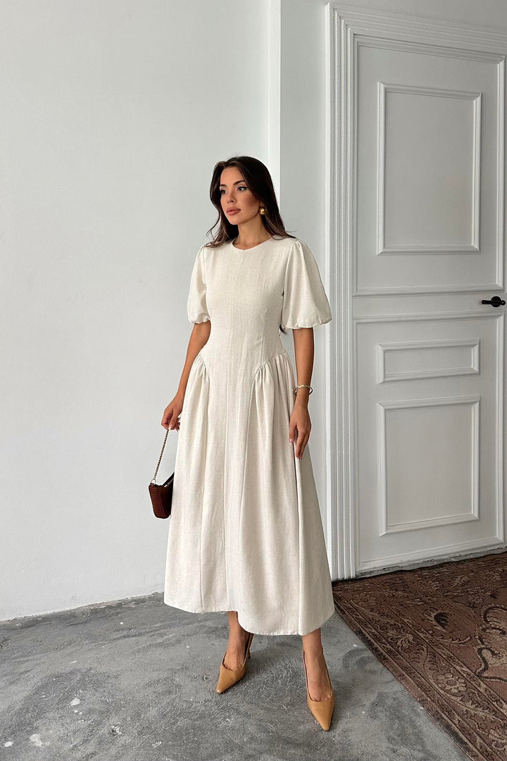 ELS Toptan Bej Arkadan Bağlamalı Büzgülü Keten Elbise - Alexandroúpoli