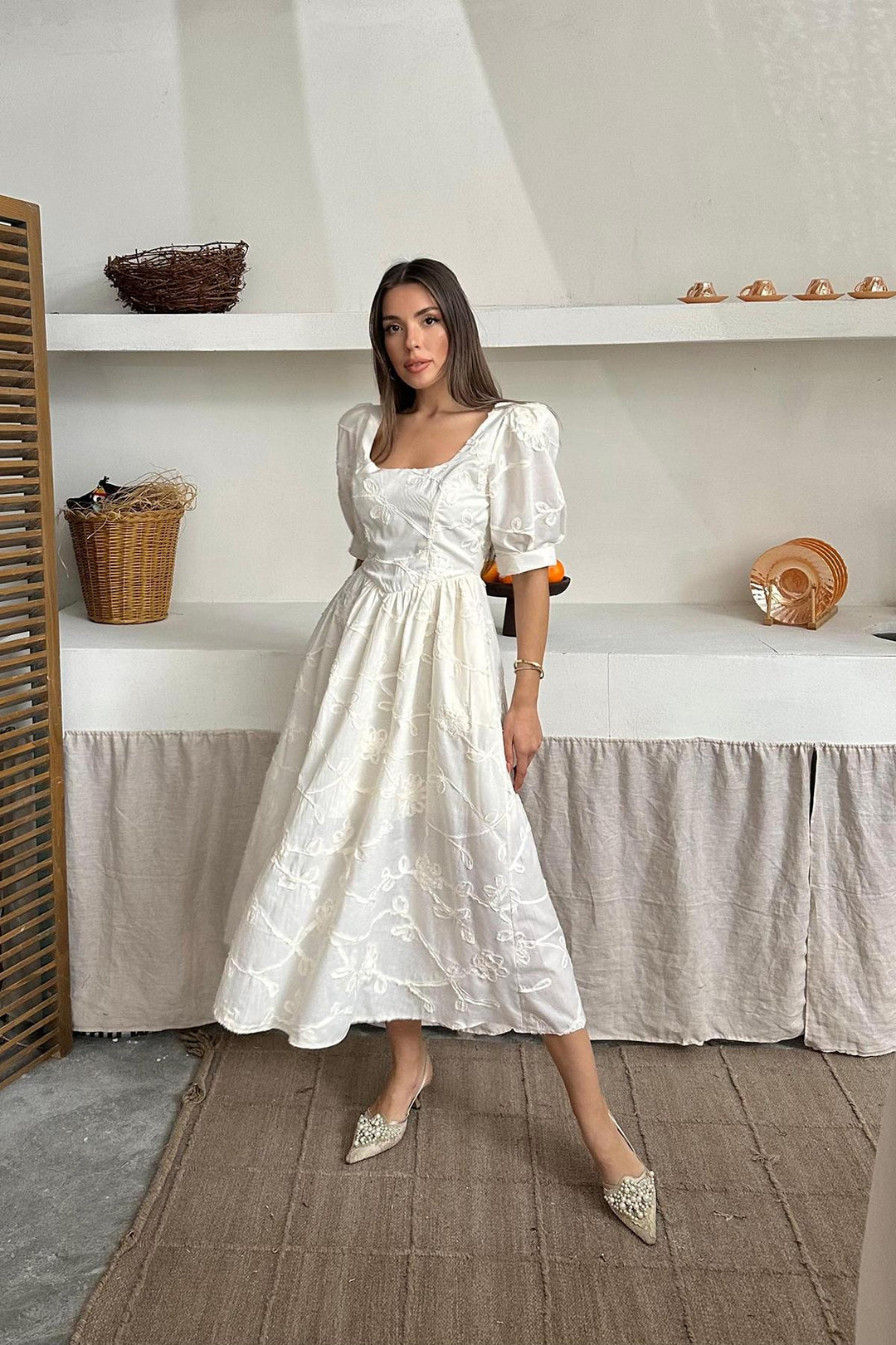 ELS Wholesale Beige Balloon Sleeve Embroidered Dress - Halifax
