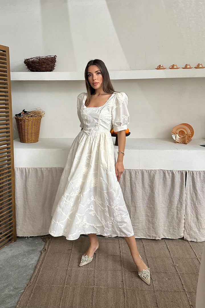 ELS Wholesale Beige Balloon Sleeve Embroidered Dress - Halifax