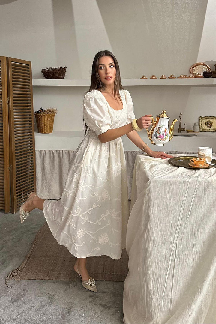 ELS Wholesale Beige Balloon Sleeve Embroidered Dress - Halifax