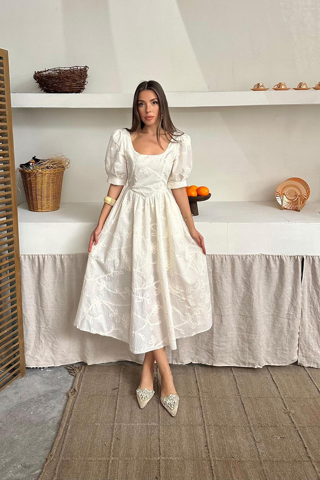 ELS Wholesale Beige Balloon Sleeve Embroidered Dress - Halifax