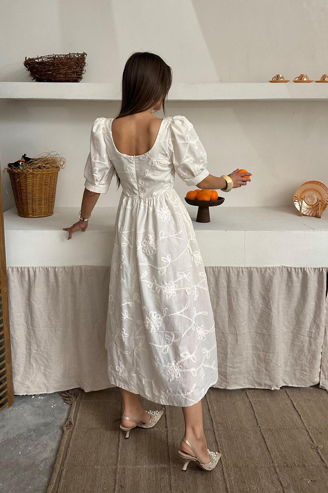 ELS Wholesale Beige Balloon Sleeve Embroidered Dress - Halifax