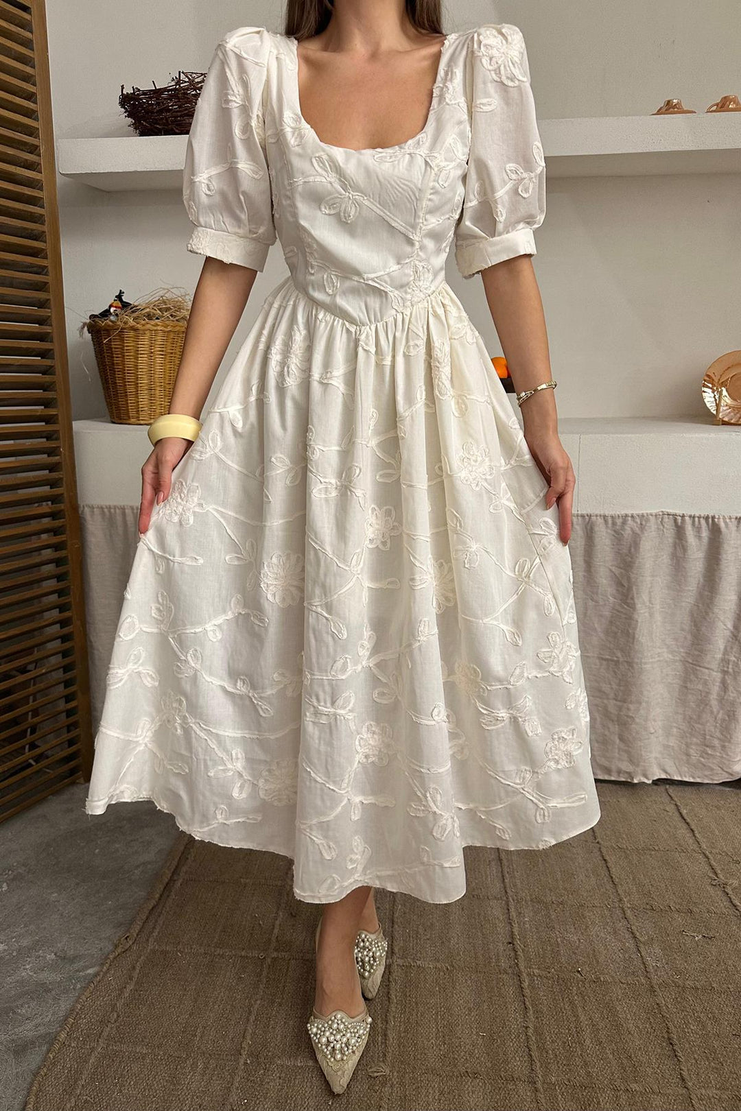 ELS Wholesale Beige Balloon Sleeve Embroidered Dress - Halifax