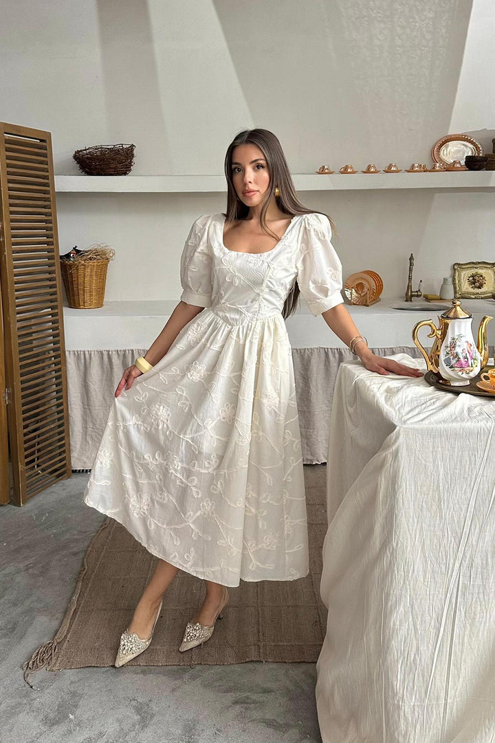 ELS Wholesale Beige Balloon Sleeve Embroidered Dress - Halifax