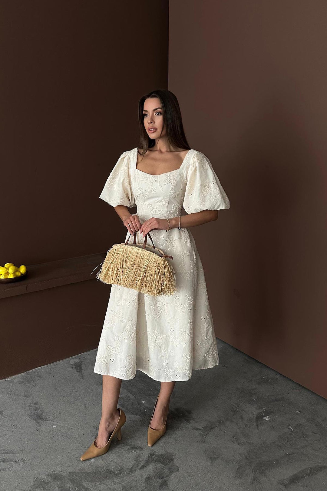 ELS Wholesale Beige Balloon Sleeve Lace Embroidered Dress - Stourbridge