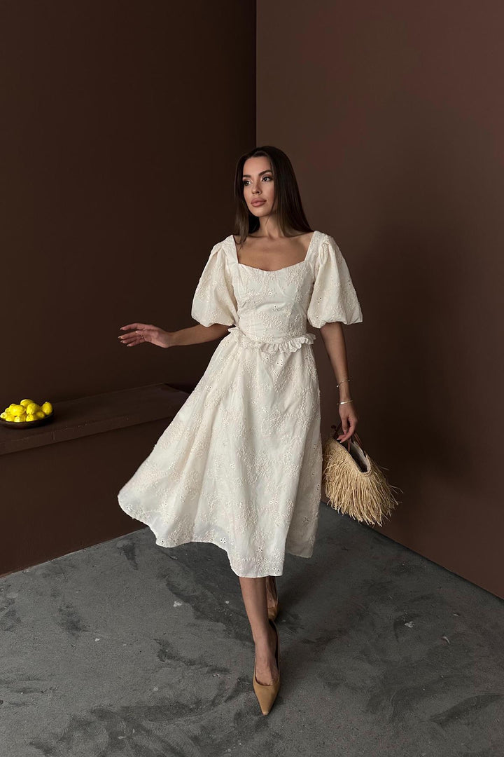 ELS Wholesale Beige Balloon Sleeve Lace Embroidered Dress - Stourbridge
