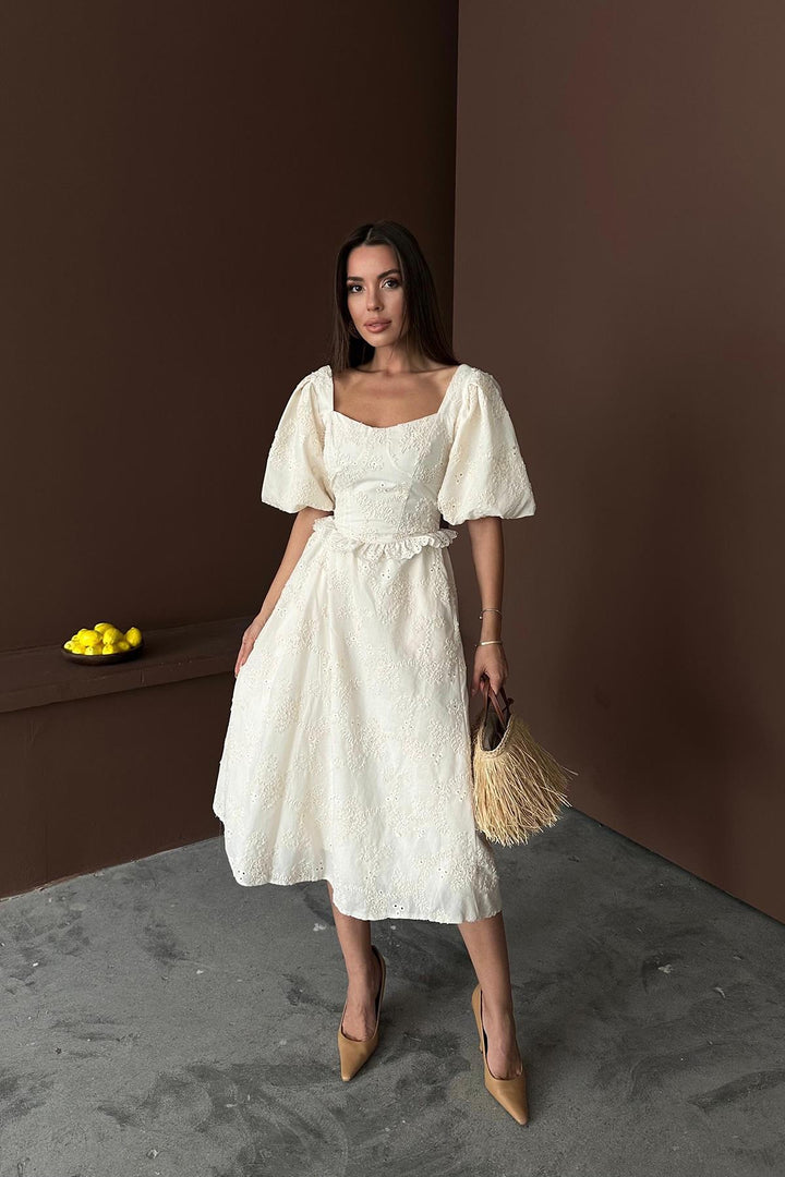 ELS Wholesale Beige Balloon Sleeve Lace Embroidered Dress - Stourbridge