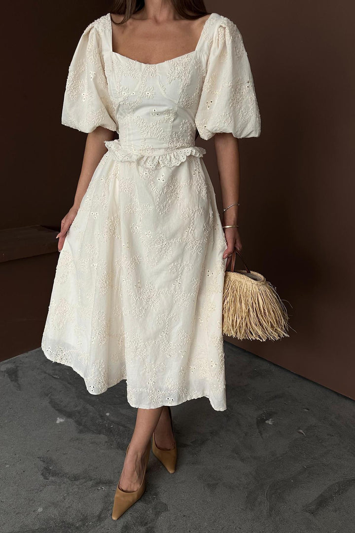 ELS Wholesale Beige Balloon Sleeve Lace Embroidered Dress - Stourbridge