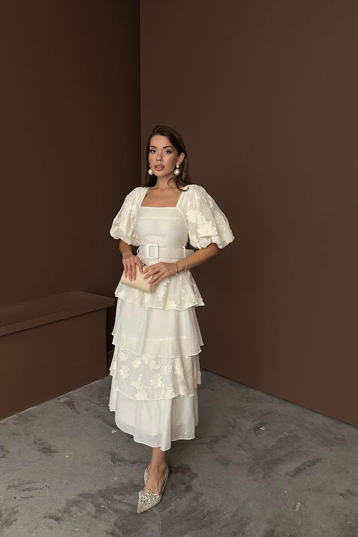 ELS Wholesale Beige Balloon Sleeve Tiered Dress - Quincy