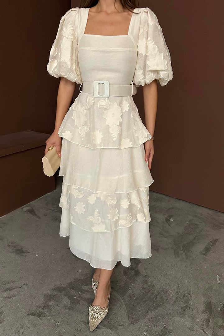 ELS Wholesale Beige Balloon Sleeve Tiered Dress - Quincy