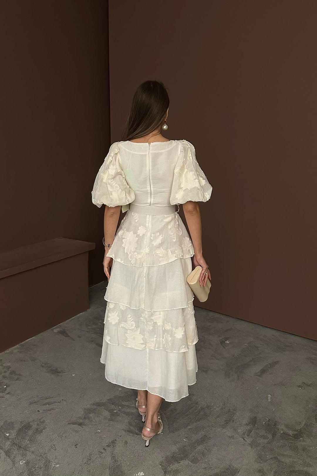 ELS Wholesale Beige Balloon Sleeve Tiered Dress - Quincy