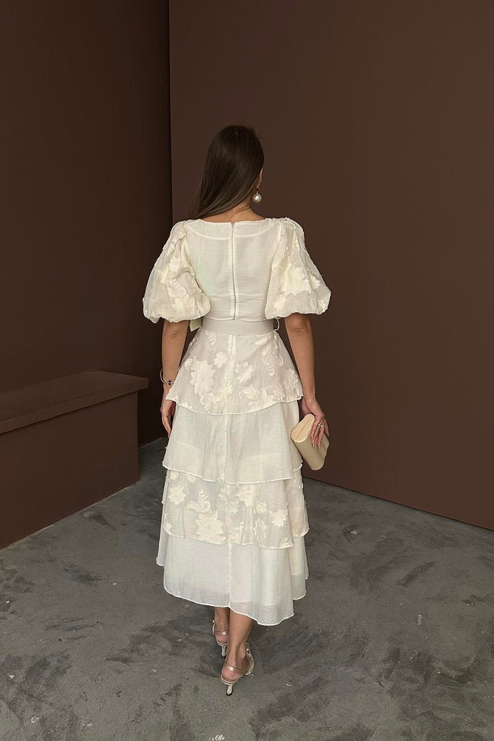 ELS Wholesale Beige Balloon Sleeve Tiered Dress - Quincy