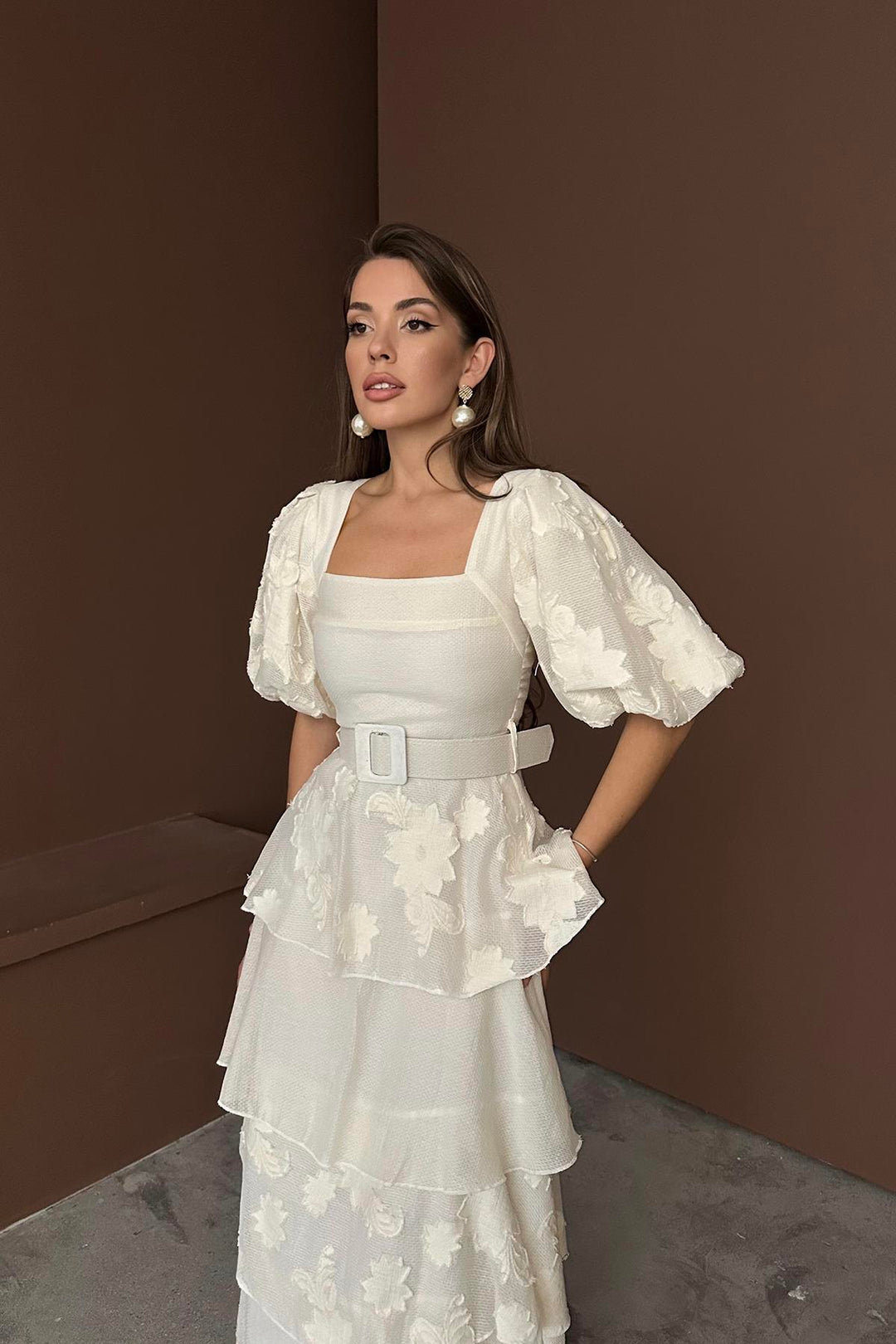 ELS Wholesale Beige Balloon Sleeve Tiered Dress - Quincy