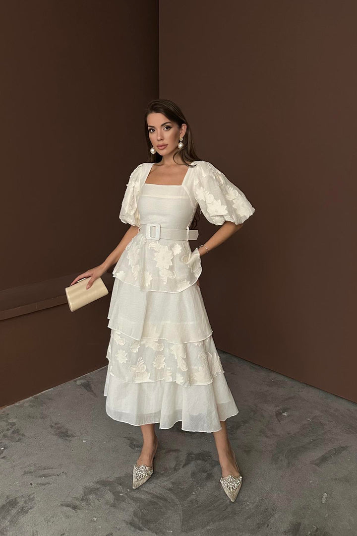 ELS Wholesale Beige Balloon Sleeve Tiered Dress - Quincy