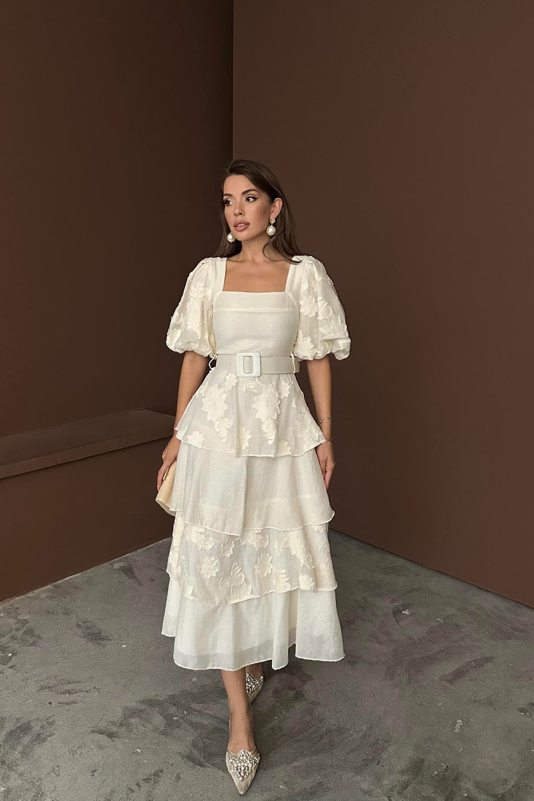 ELS Wholesale Beige Balloon Sleeve Tiered Dress - Quincy