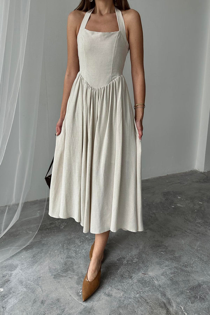 ELS Wholesale Beige Linen Dress with Neck Tie - Mataró