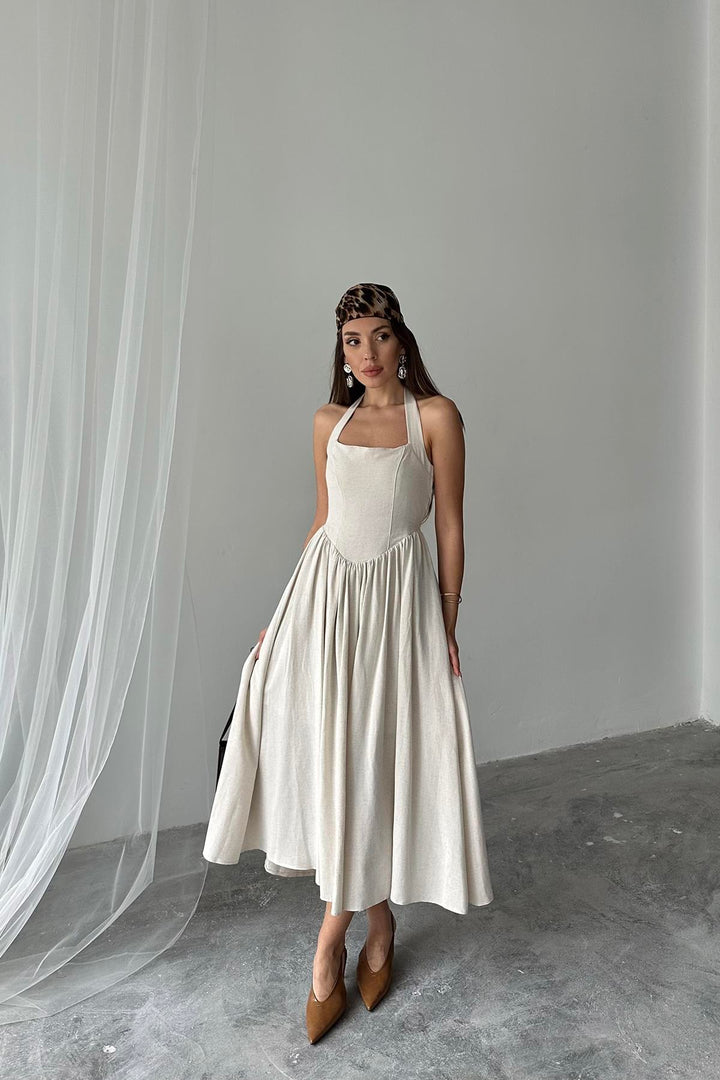 ELS Wholesale Beige Linen Dress with Neck Tie - Mataró