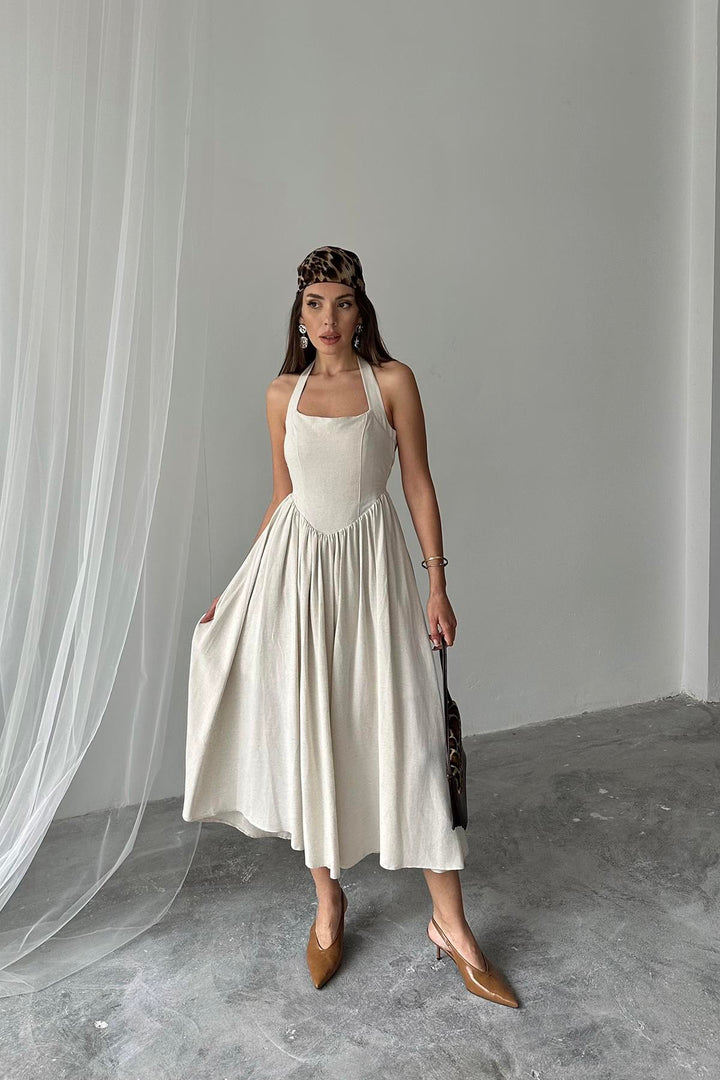 ELS Wholesale Beige Linen Dress with Neck Tie - Mataró