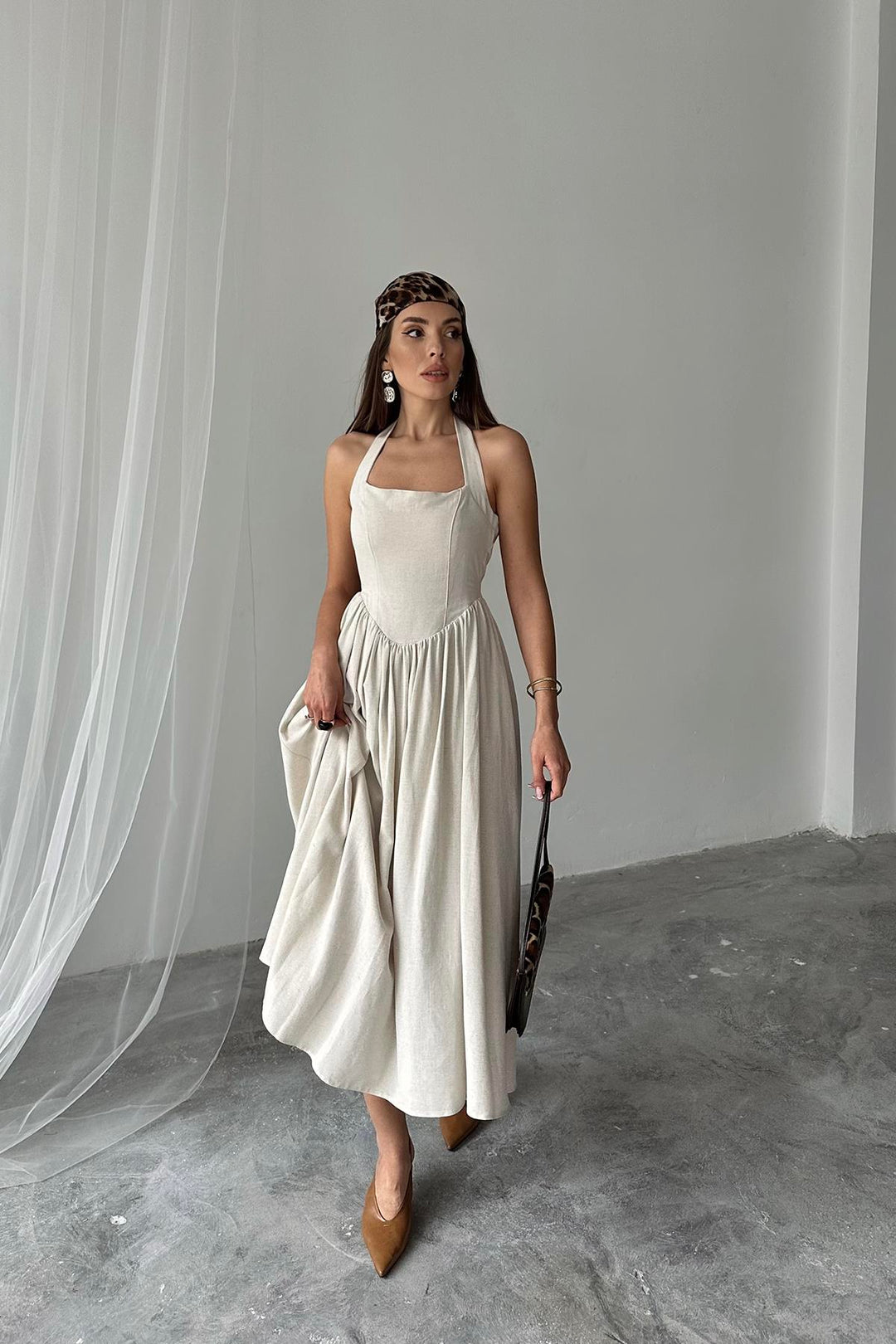 ELS Wholesale Beige Linen Dress with Neck Tie - Mataró