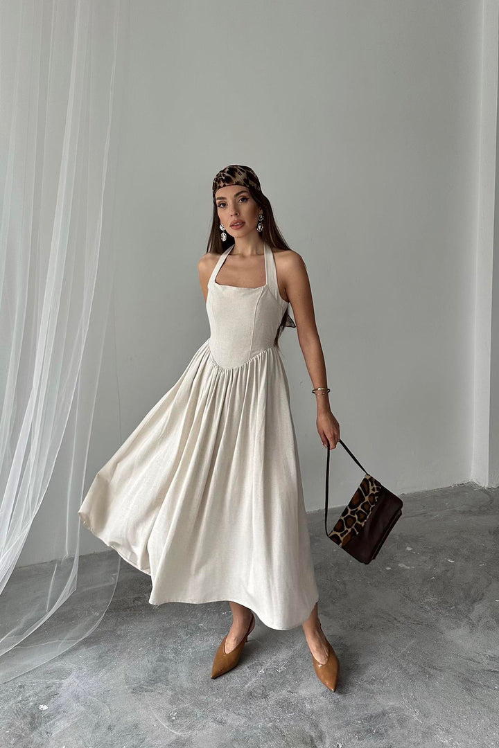 ELS Wholesale Beige Linen Dress with Neck Tie - Mataró