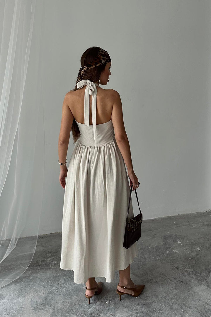 ELS Wholesale Beige Linen Dress with Neck Tie - Mataró