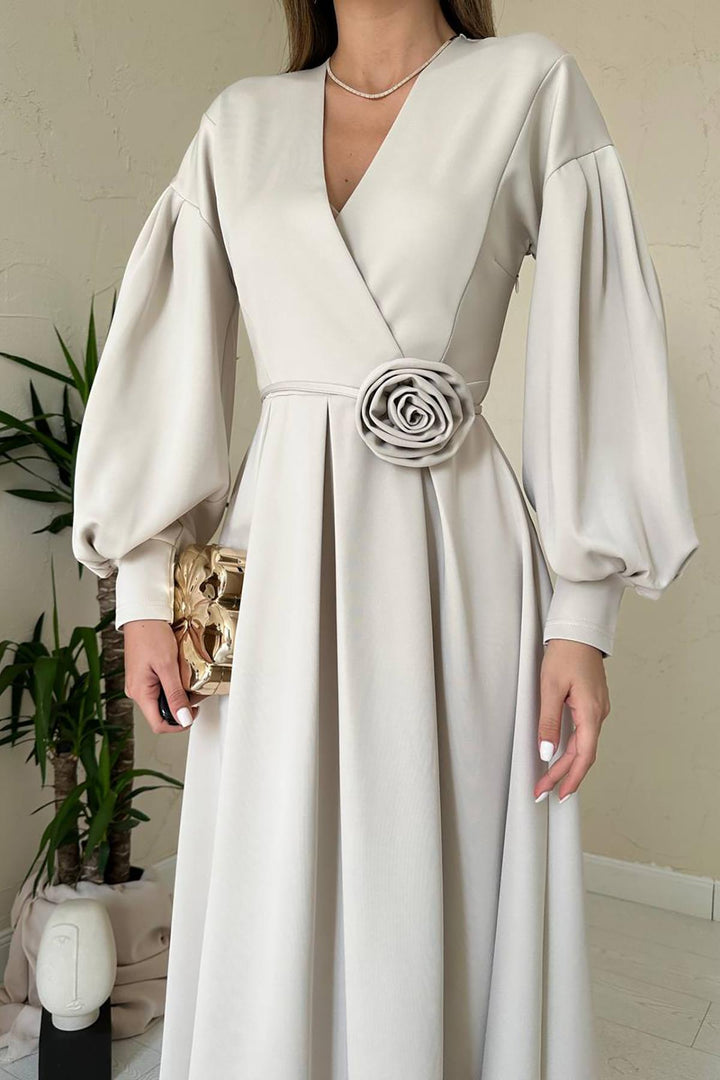 ELS Wholesale Beige Rose Detailed Scuba Dress - Irákleio