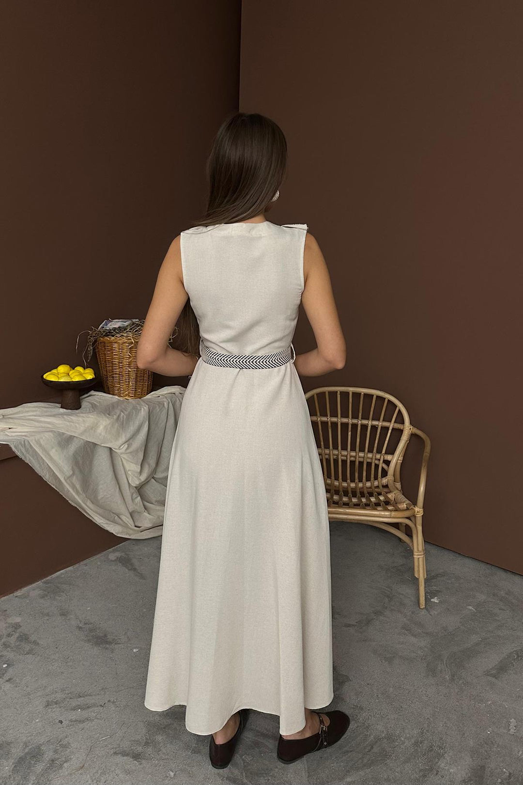ELS Wholesale Beige Belted Linen Dress - Pinto