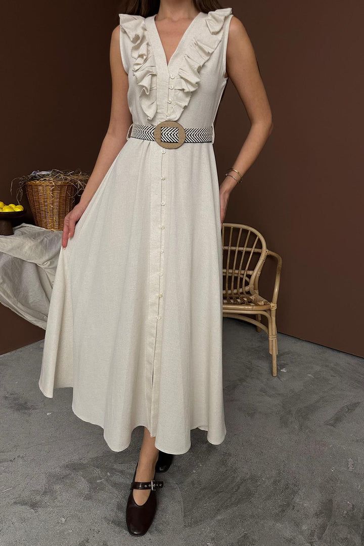 ELS Wholesale Beige Belted Linen Dress - Pinto