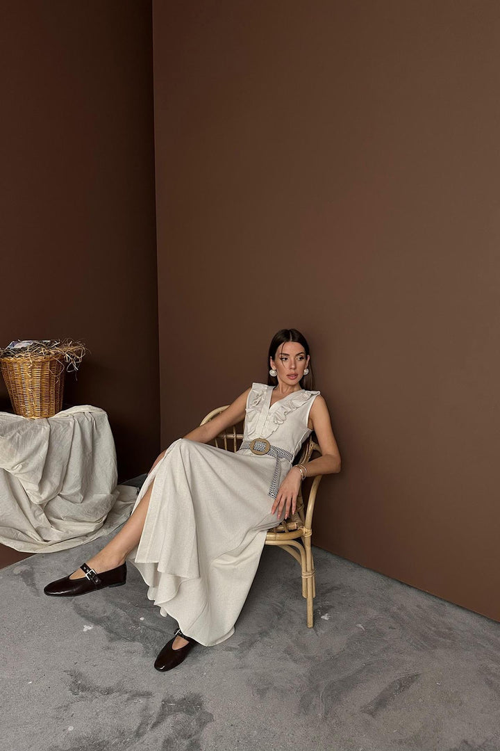 ELS Wholesale Beige Belted Linen Dress - Pinto