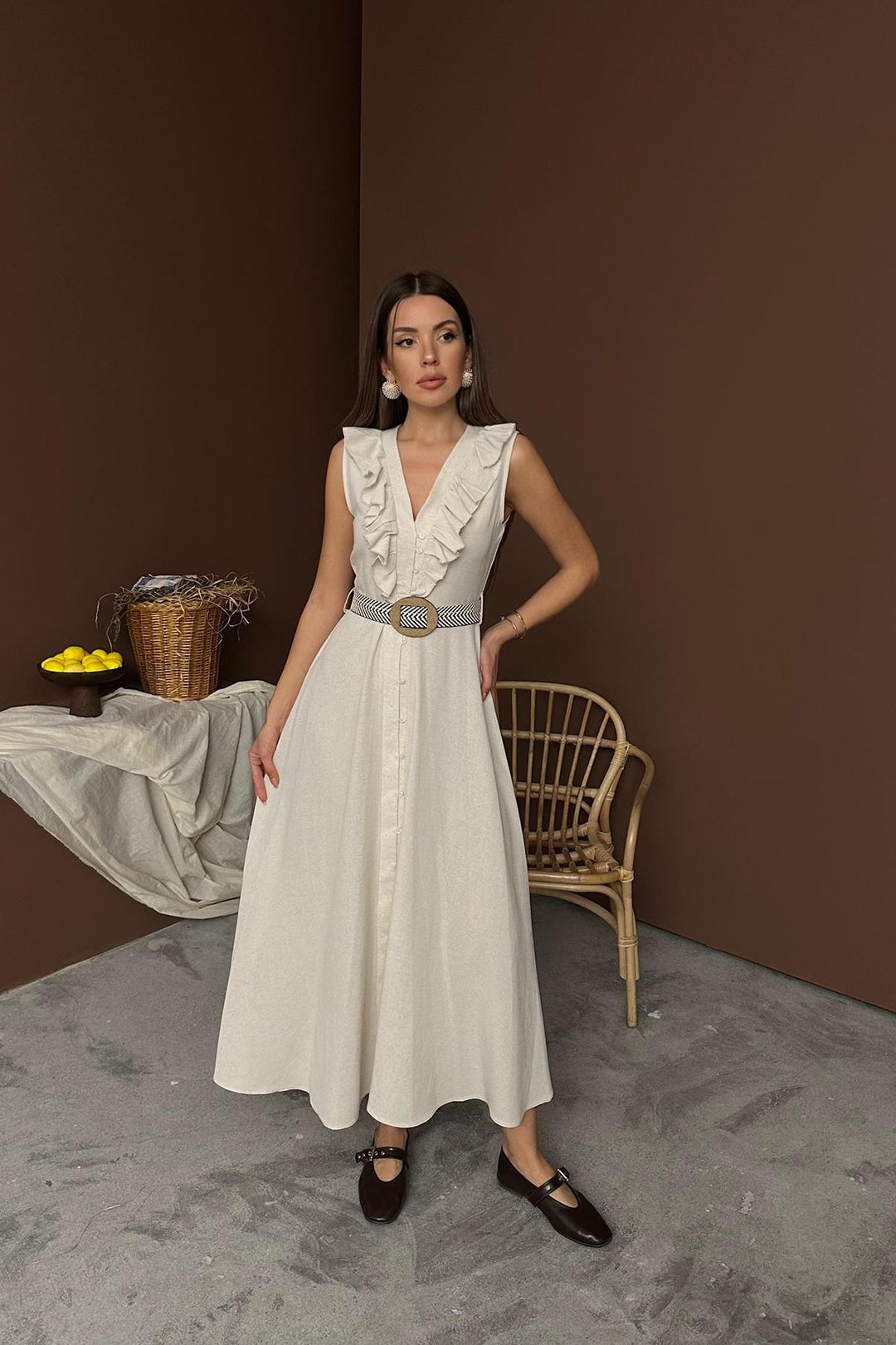 ELS Wholesale Beige Belted Linen Dress - Pinto