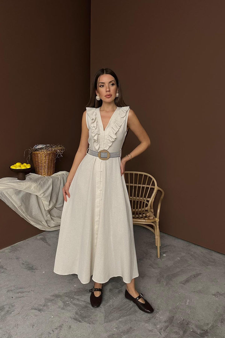ELS Wholesale Beige Belted Linen Dress - Pinto