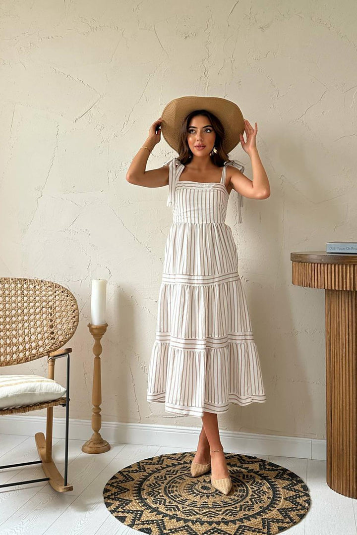 ELS Toptan Bej Omuzdan Bağlamalı Çizgili Elbise - Lucan