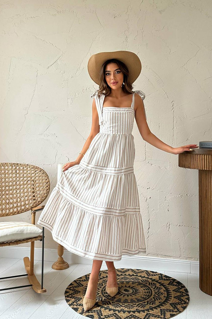 ELS Toptan Bej Omuzdan Bağlamalı Çizgili Elbise - Lucan