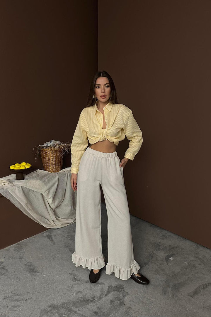 ELS Wholesale Beige Ruffled Linen Trousers - Cinisello Balsamo