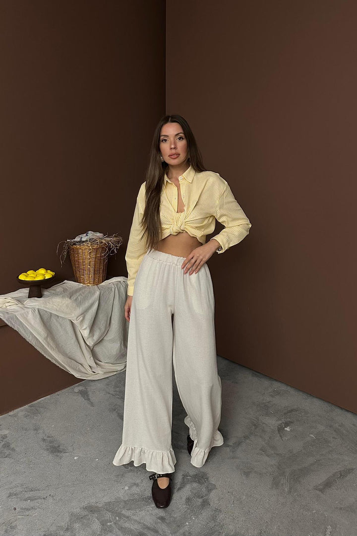 ELS Wholesale Beige Ruffled Linen Trousers - Cinisello Balsamo