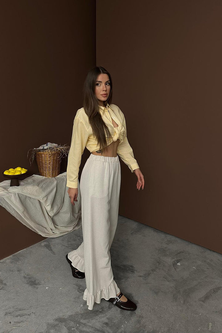 ELS Wholesale Beige Ruffled Linen Trousers - Cinisello Balsamo