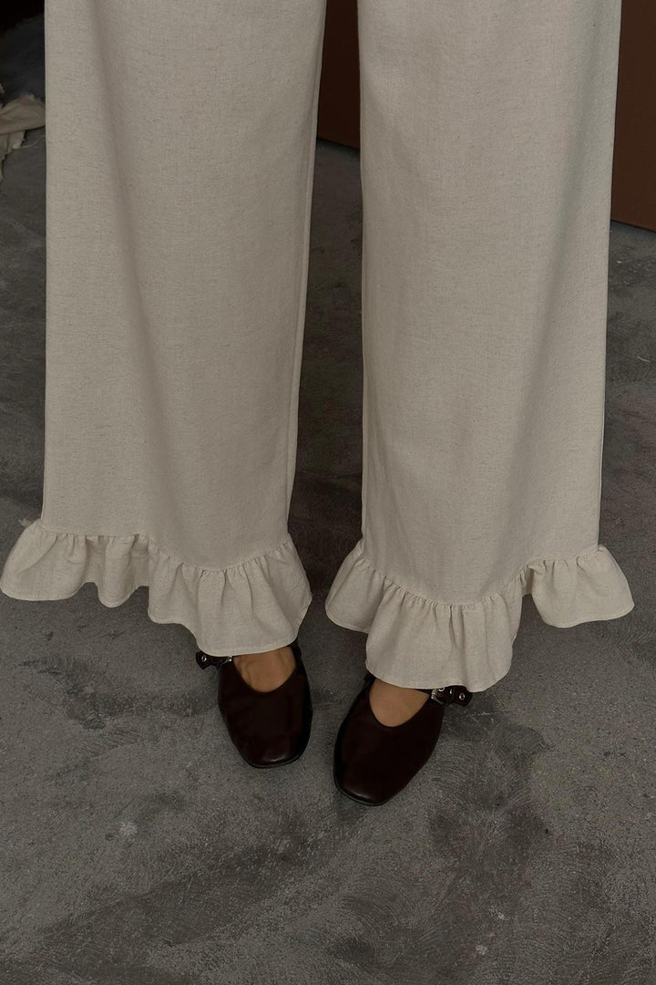 ELS Wholesale Beige Ruffled Linen Trousers - Cinisello Balsamo