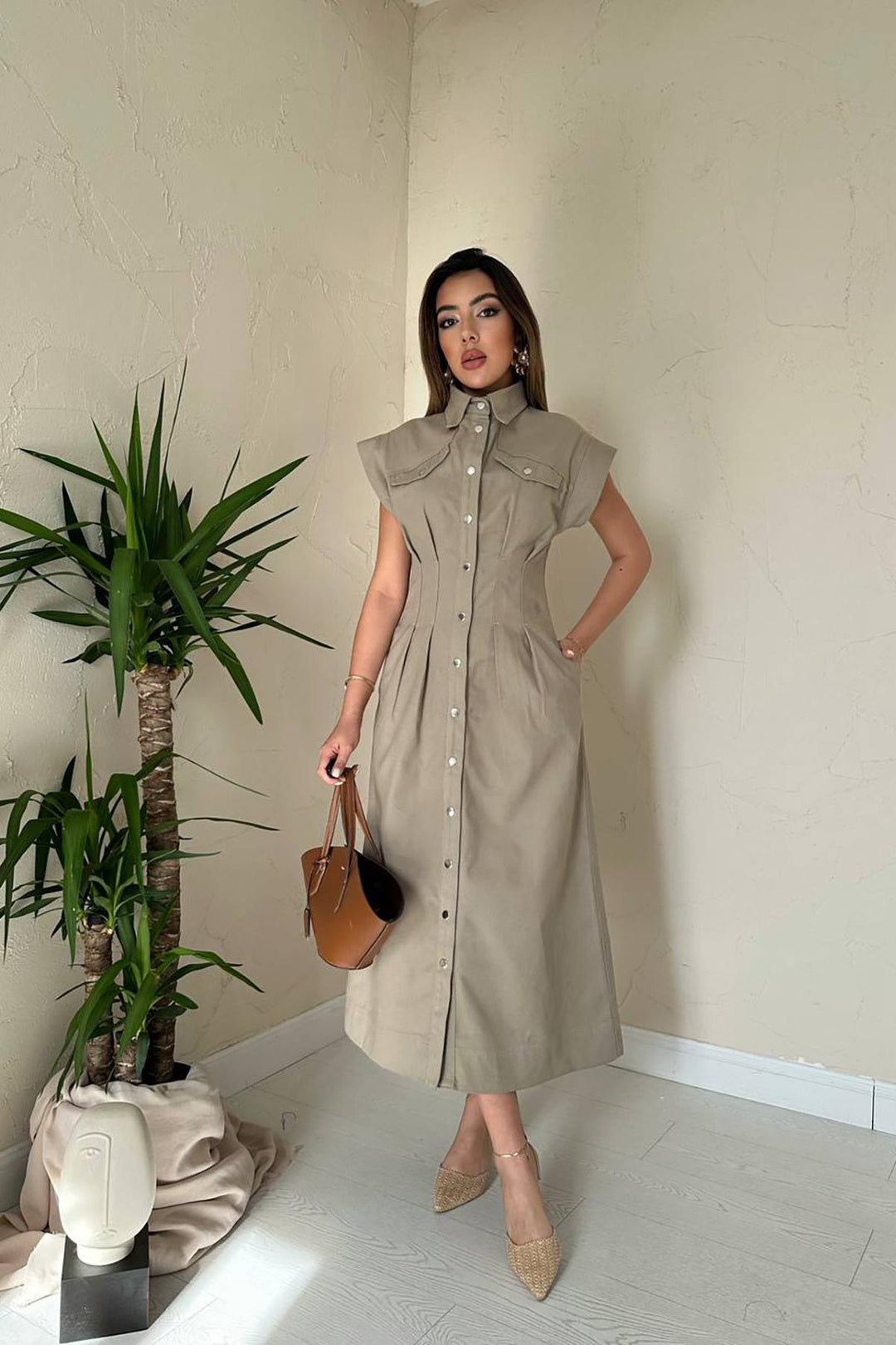 ELS Toptan Bej Pileli Gabardin Elbise - Waregem